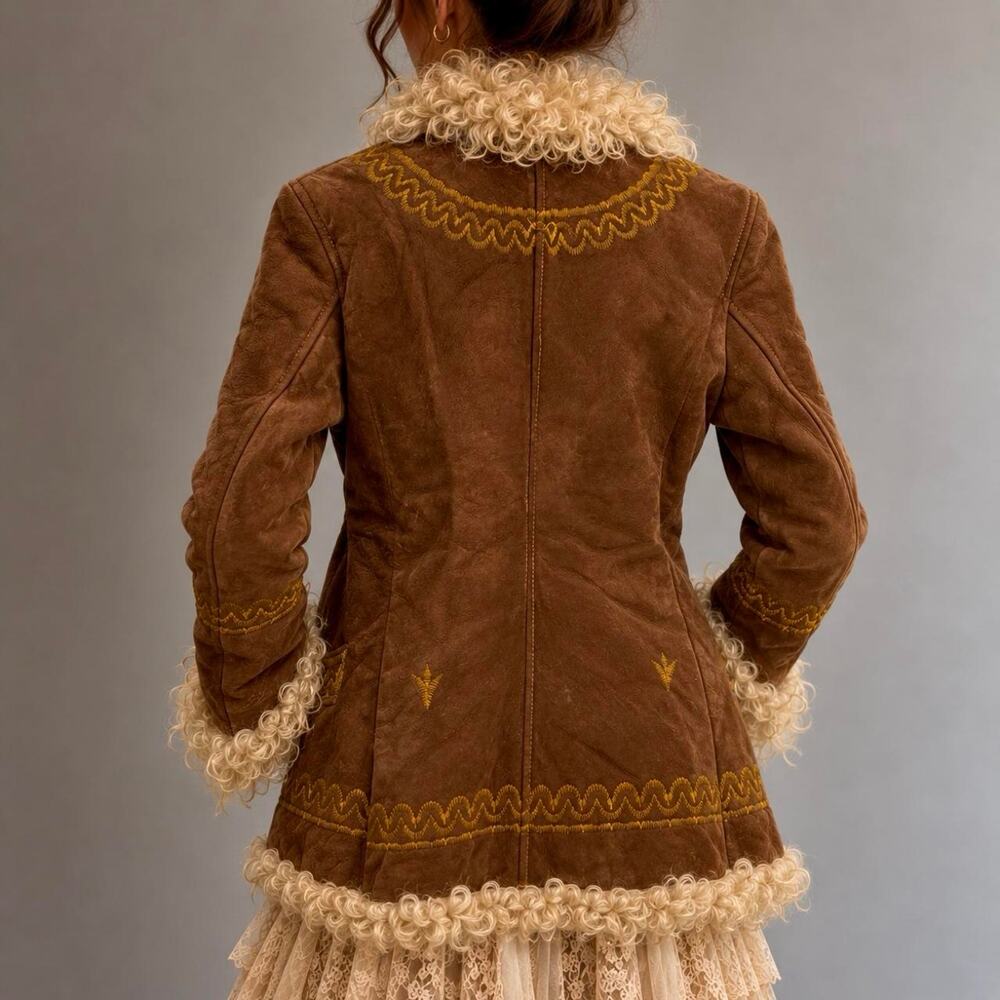 Vintage 70s Boho Embroidered Sheepskin & Shearling Afghan Penny Lane Coat XS/S - Picture 2 of 8